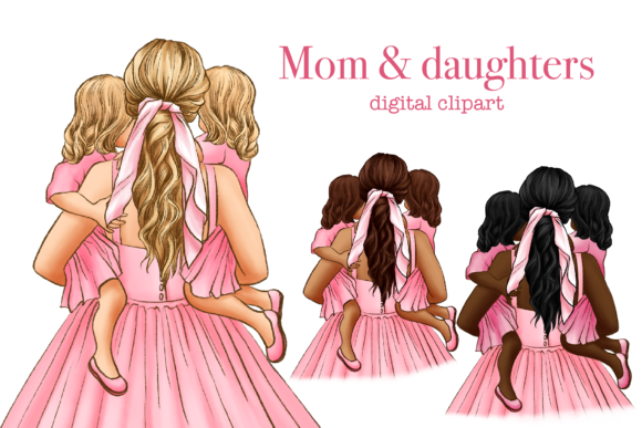 Capturing Tenderness: The Mom and Daughters Clipart Collection