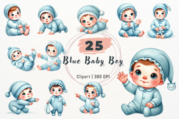 Charming Watercolor Blue Baby Boy Clipart for Modern Designs