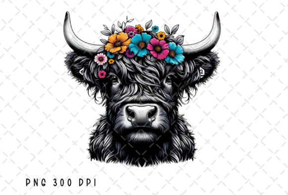 Floral Black Highland Cow Heifer Western