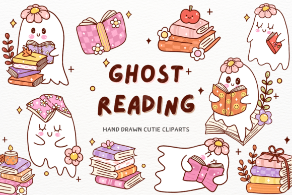 Ghost Reading Bookish Clipart: Spooky Cute Design Elements