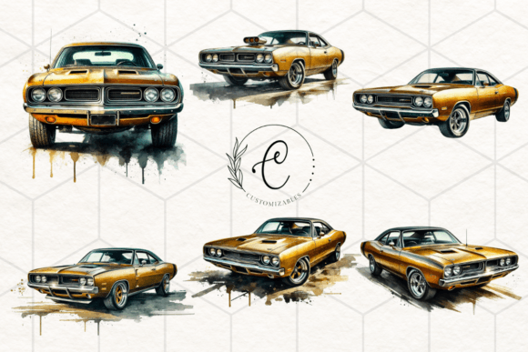 Gold Muscle Car Watercolor Clipart for Creative Projects